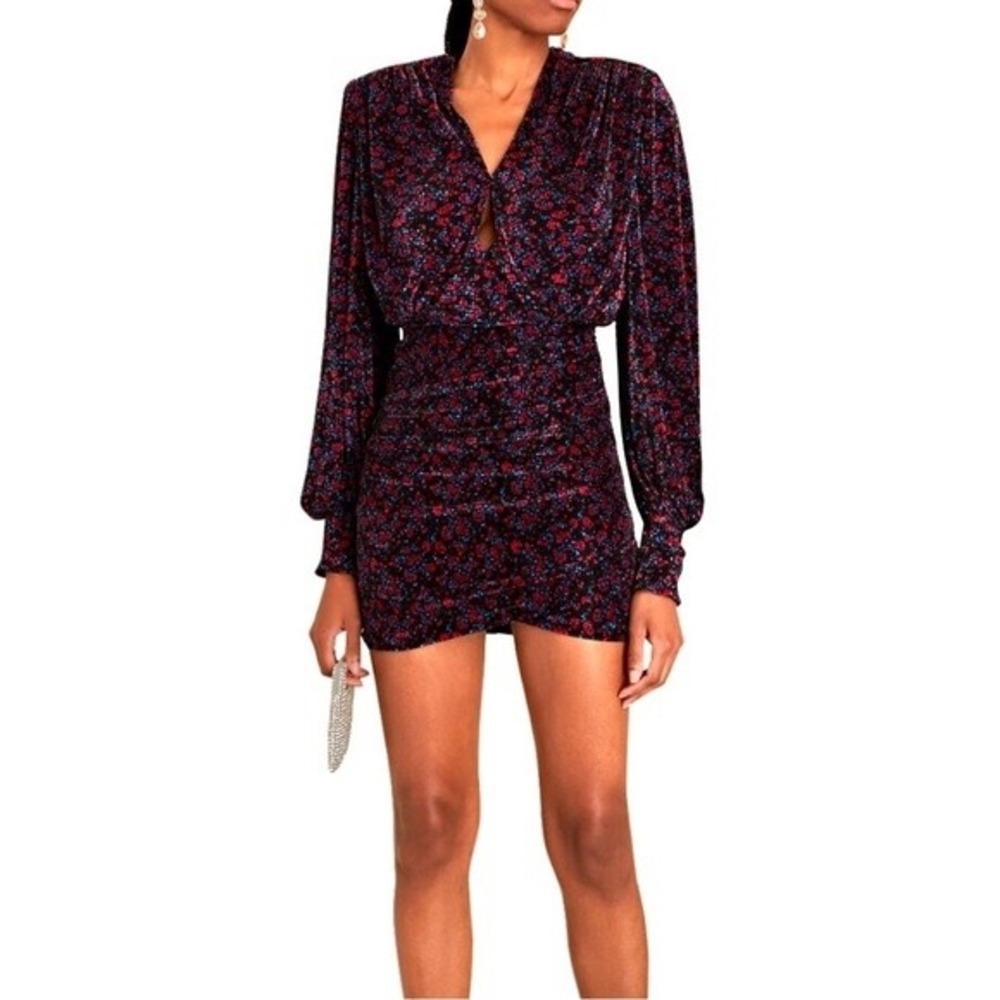 Sabina Musayev Capella Dress Plisse Metallic Floral Long Sleeve Mini Dress S NWT